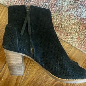 Black suede open toe heels